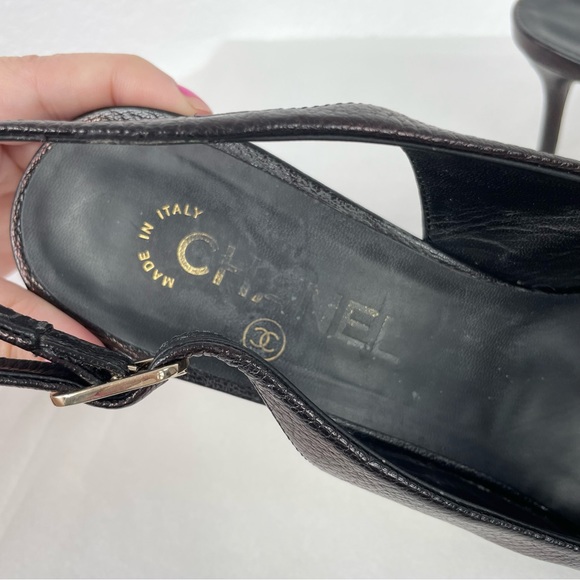 {Chanel} Bronze Leather CC Cap Toe Slingback Sandals Size 39.5 - Picture 7 of 14